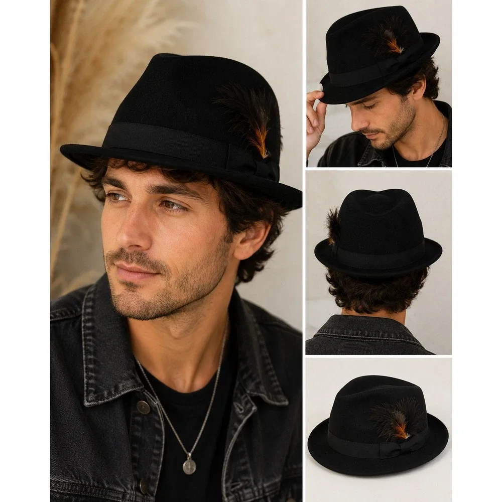 Vintage Lancaster Black 100% Wool Fedora Hat Feather Accent Made USA Unisex